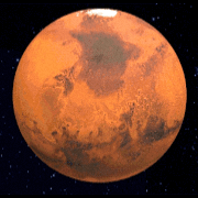 Mars - Mars is the fourth planet from the Sun.   The surface of Mars is orange-red because it is covered in iron(III) oxide dust, giving it the nickname "the Red Planet".   Mars is among the brightest objects in Earth's sky, and its high-contrast albedo features have made it a common subject for telescope viewing.  Moons: Phobos, Deimos Distance from Sun: 141.6 million miles.   Orbital period: 687 days.  Length of day: 1d 0h 37m.   Radius: 2,106.1 mi.     Gravity: 3.73 m/s².    Distance to Earth: 33.93 million miles.